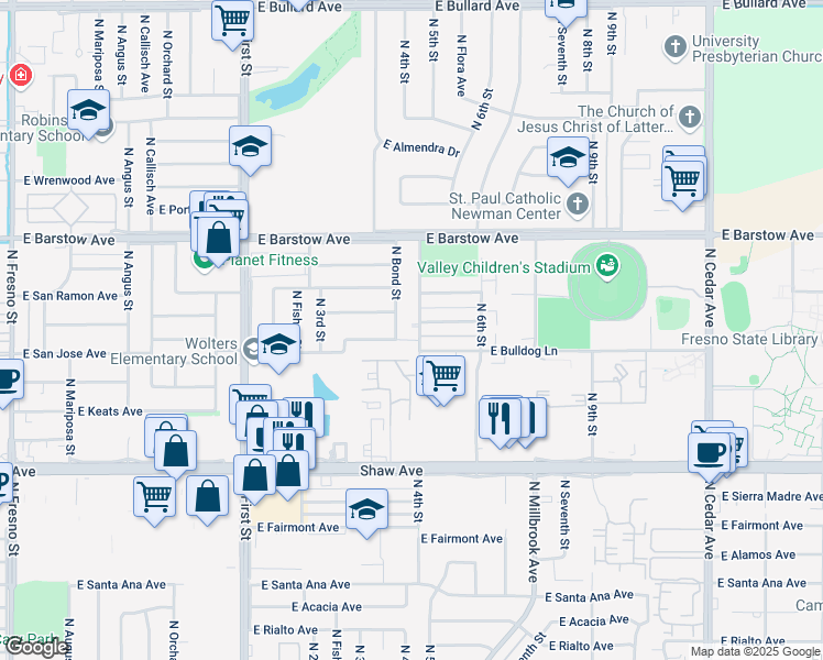 map of restaurants, bars, coffee shops, grocery stores, and more near 5237 North 4th Street in Fresno