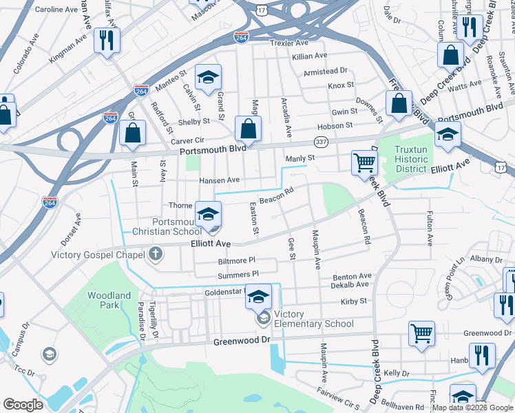 map of restaurants, bars, coffee shops, grocery stores, and more near 1 Easton Street in Portsmouth