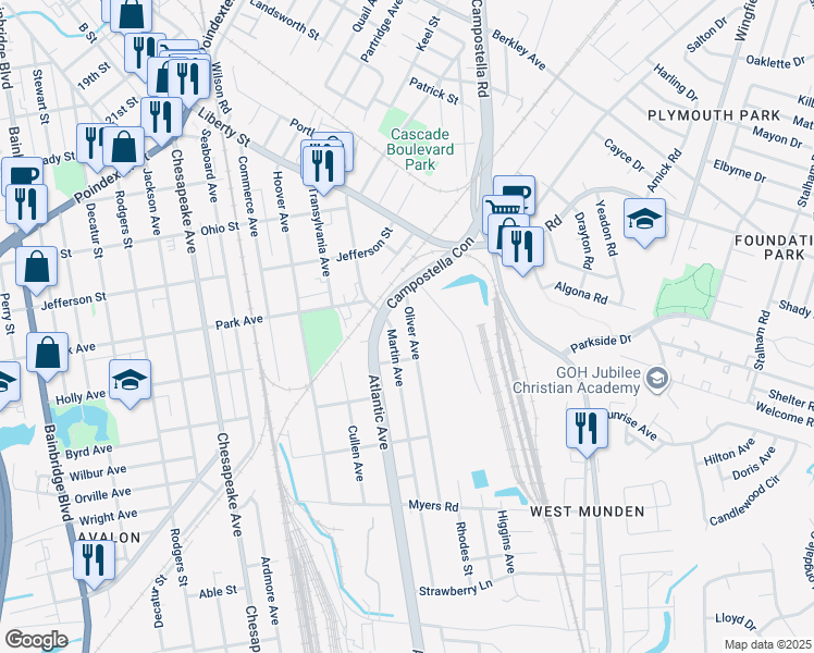 map of restaurants, bars, coffee shops, grocery stores, and more near 1415 Oliver Avenue in Chesapeake