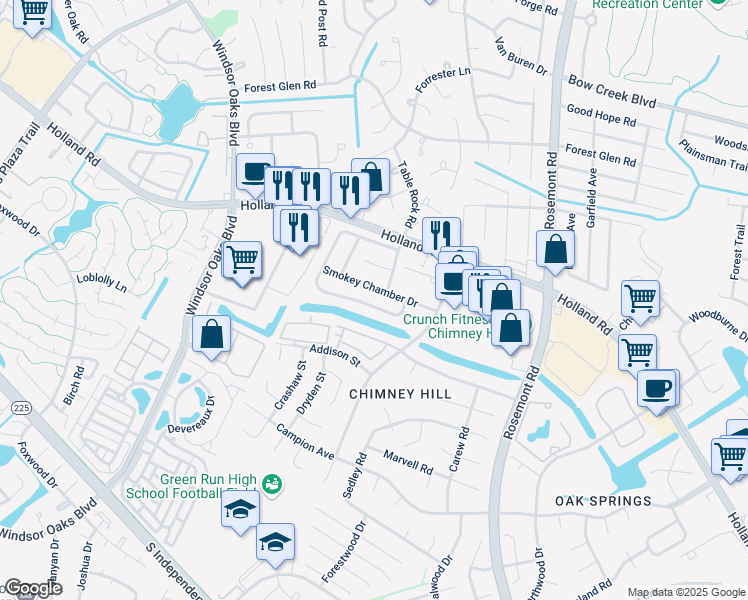 map of restaurants, bars, coffee shops, grocery stores, and more near 3845 Chimney Creek Drive in Virginia Beach