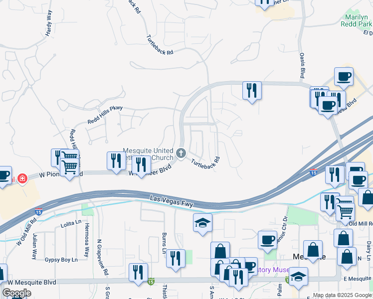 map of restaurants, bars, coffee shops, grocery stores, and more near 449 Canyon Drive in Mesquite