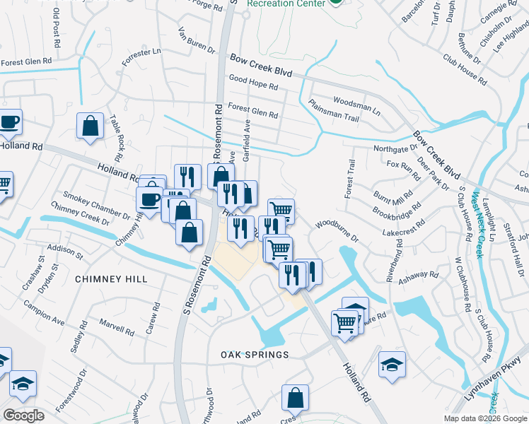 map of restaurants, bars, coffee shops, grocery stores, and more near 3450 Waltham Circle in Virginia Beach