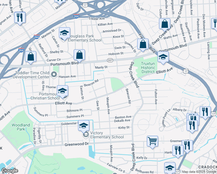 map of restaurants, bars, coffee shops, grocery stores, and more near 17 Maupin Avenue in Portsmouth