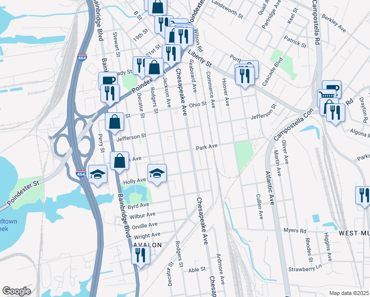 map of restaurants, bars, coffee shops, grocery stores, and more near 1313 Park Avenue in Chesapeake