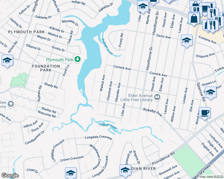 map of restaurants, bars, coffee shops, grocery stores, and more near 1504 Chestnut Avenue in Chesapeake