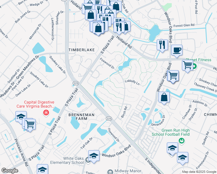 map of restaurants, bars, coffee shops, grocery stores, and more near 4253 Buckeye Court in Virginia Beach