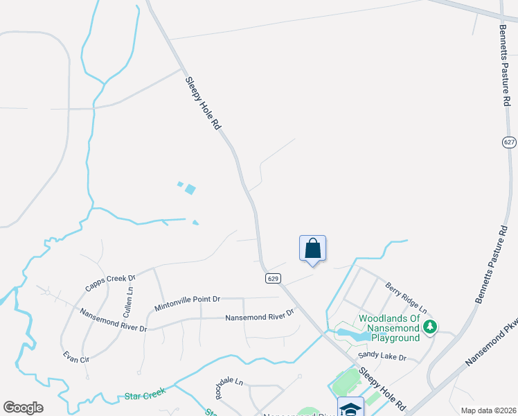 map of restaurants, bars, coffee shops, grocery stores, and more near 3532 Sleepy Hole Road in Suffolk