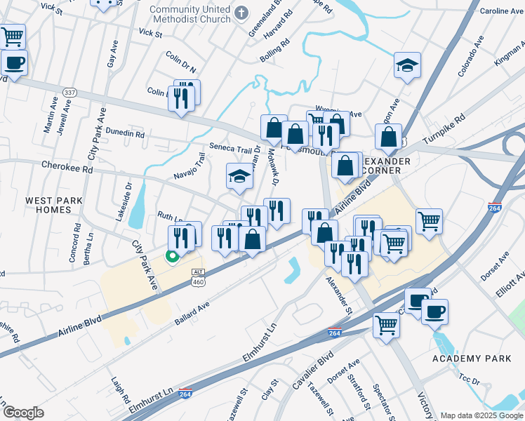 map of restaurants, bars, coffee shops, grocery stores, and more near 9 Mohican Drive in Portsmouth