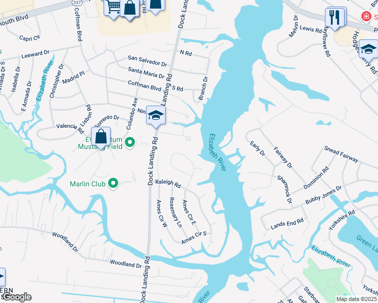 map of restaurants, bars, coffee shops, grocery stores, and more near 2029 Ames Circle North in Chesapeake