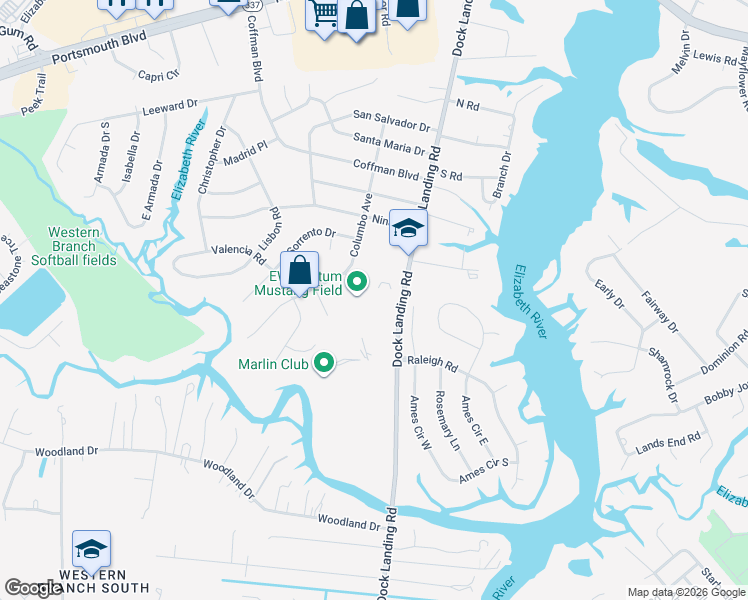 map of restaurants, bars, coffee shops, grocery stores, and more near 2008 Dock Landing Road in Chesapeake
