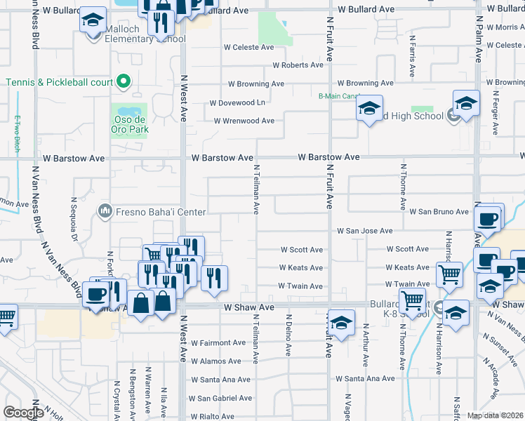 map of restaurants, bars, coffee shops, grocery stores, and more near 5256 North Teilman Avenue in Fresno