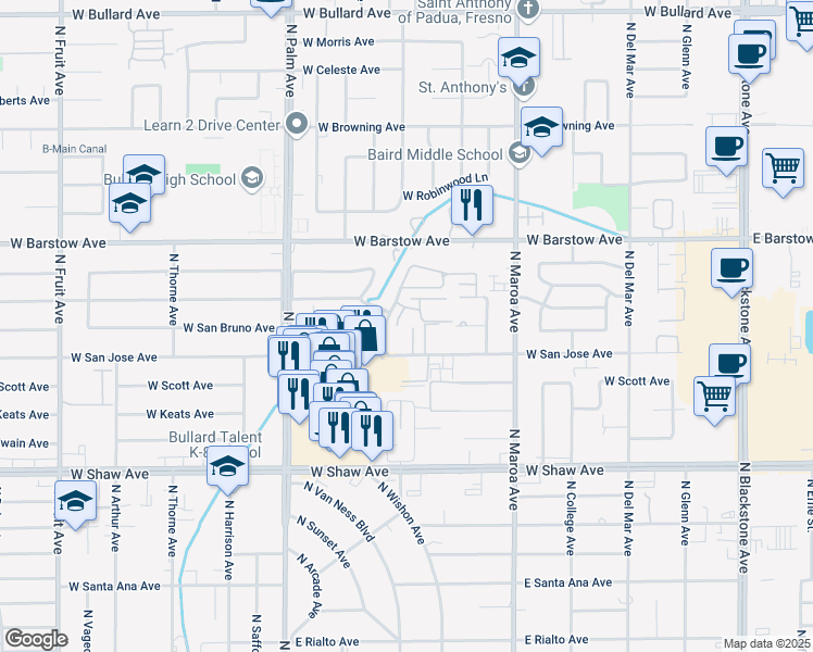 map of restaurants, bars, coffee shops, grocery stores, and more near 578 West San Jose Avenue in Fresno