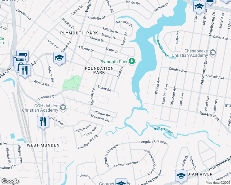 map of restaurants, bars, coffee shops, grocery stores, and more near 2100 Farmer Lane in Chesapeake