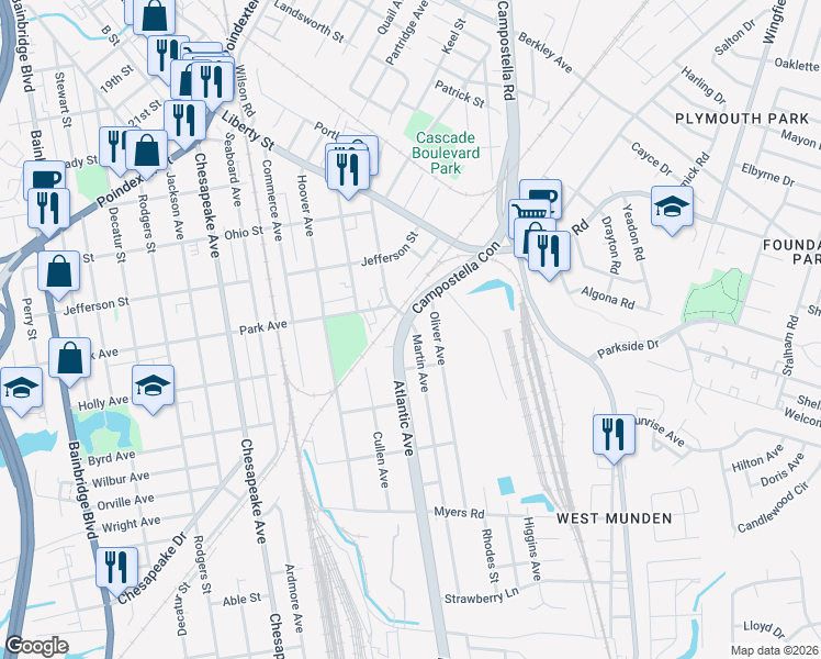 map of restaurants, bars, coffee shops, grocery stores, and more near 1407 Martin Avenue in Chesapeake