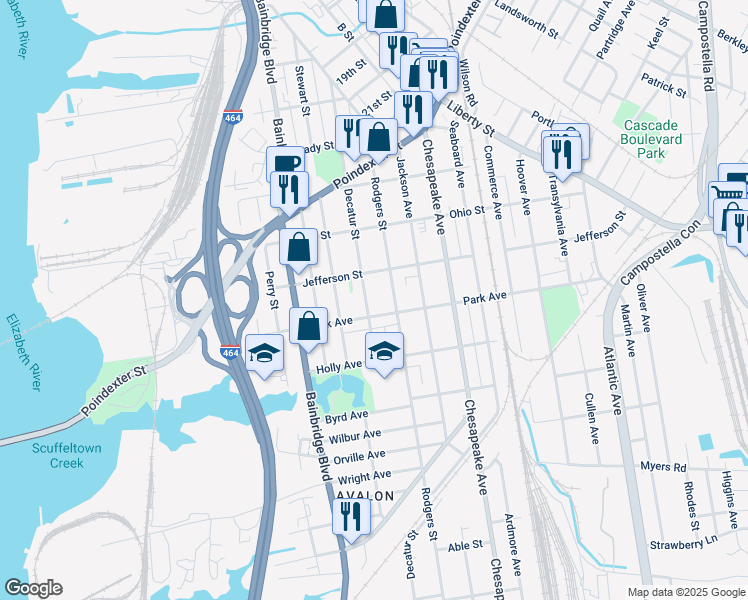 map of restaurants, bars, coffee shops, grocery stores, and more near 1331 Decatur Street in Chesapeake