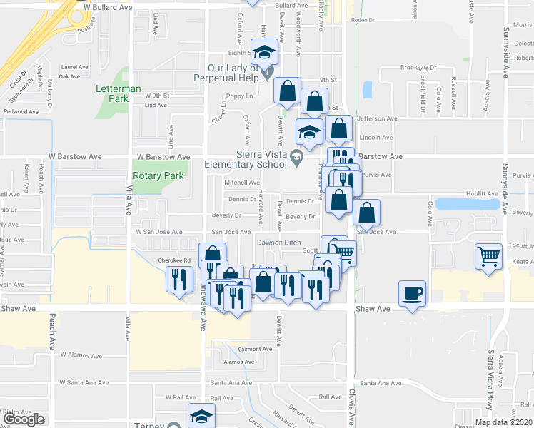 map of restaurants, bars, coffee shops, grocery stores, and more near 235 Beverly Drive in Clovis