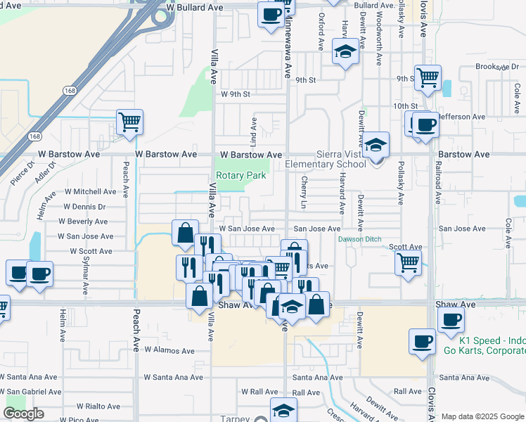 map of restaurants, bars, coffee shops, grocery stores, and more near 60 West Beverly Avenue in Clovis