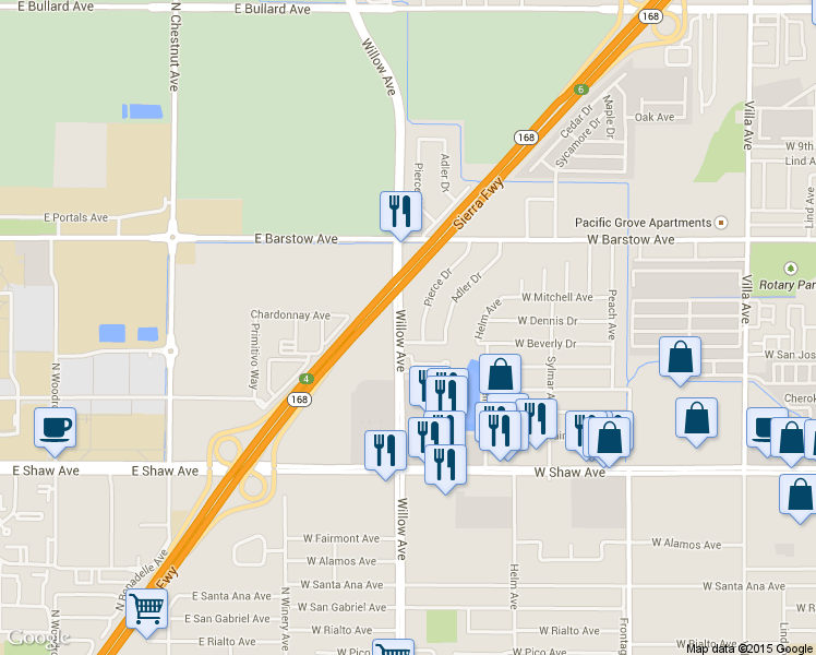 map of restaurants, bars, coffee shops, grocery stores, and more near 1509 Willow Avenue in Clovis