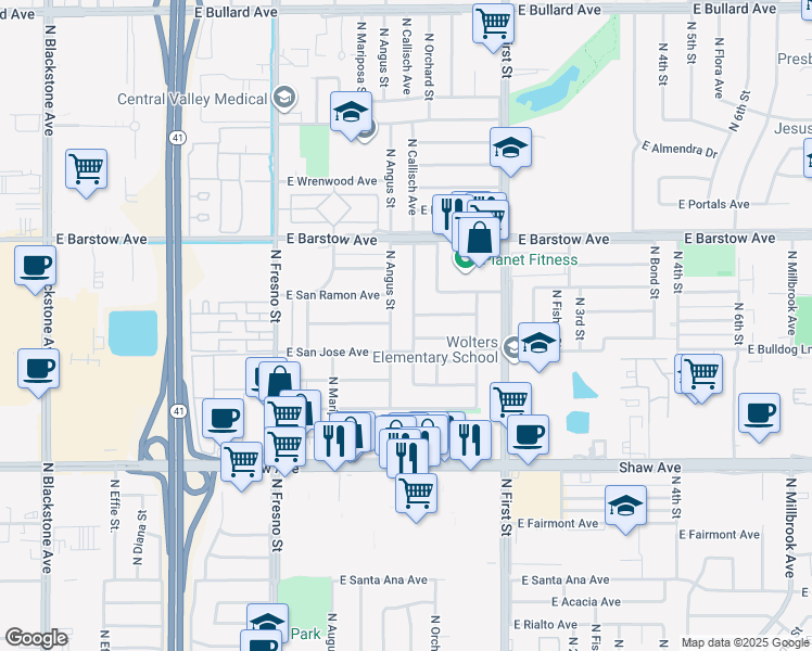 map of restaurants, bars, coffee shops, grocery stores, and more near 5246 North Angus Street in Fresno