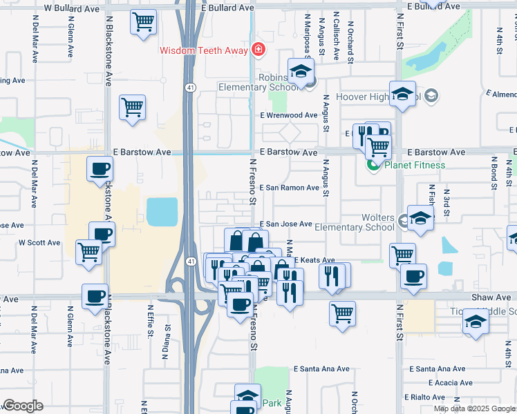map of restaurants, bars, coffee shops, grocery stores, and more near 411 East San Ramon Avenue in Fresno