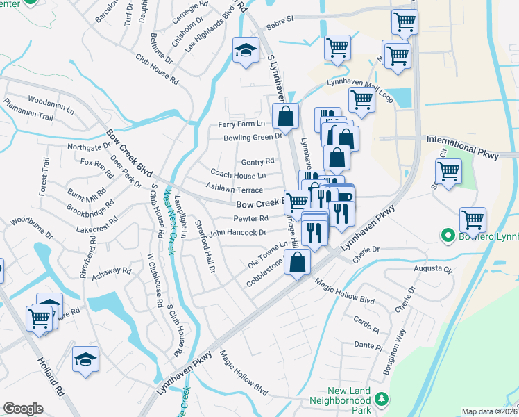 map of restaurants, bars, coffee shops, grocery stores, and more near 3041 Bow Creek Boulevard in Virginia Beach