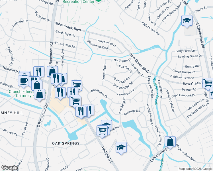 map of restaurants, bars, coffee shops, grocery stores, and more near 3329 Brookbridge Road in Virginia Beach