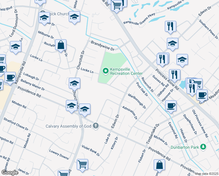 map of restaurants, bars, coffee shops, grocery stores, and more near 860 Churchill Drive in Virginia Beach