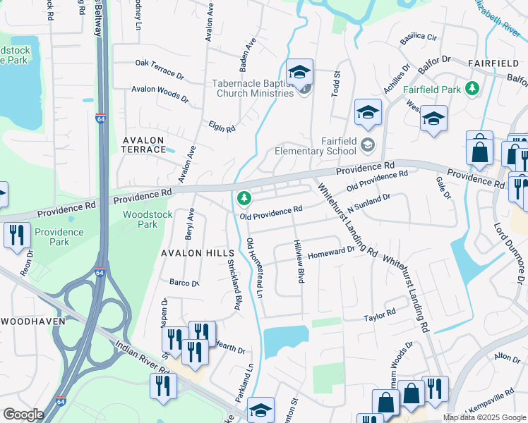 map of restaurants, bars, coffee shops, grocery stores, and more near 5544 Old Providence Road in Virginia Beach