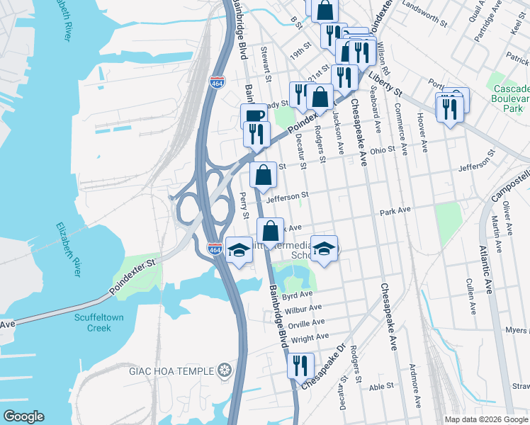 map of restaurants, bars, coffee shops, grocery stores, and more near 1315 Bainbridge Blvd in Chesapeake