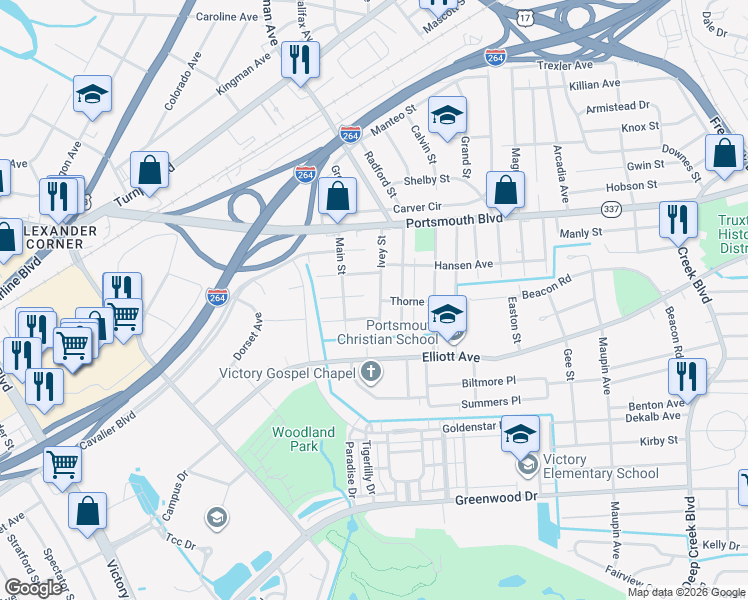 map of restaurants, bars, coffee shops, grocery stores, and more near 210 Ivey St in Portsmouth