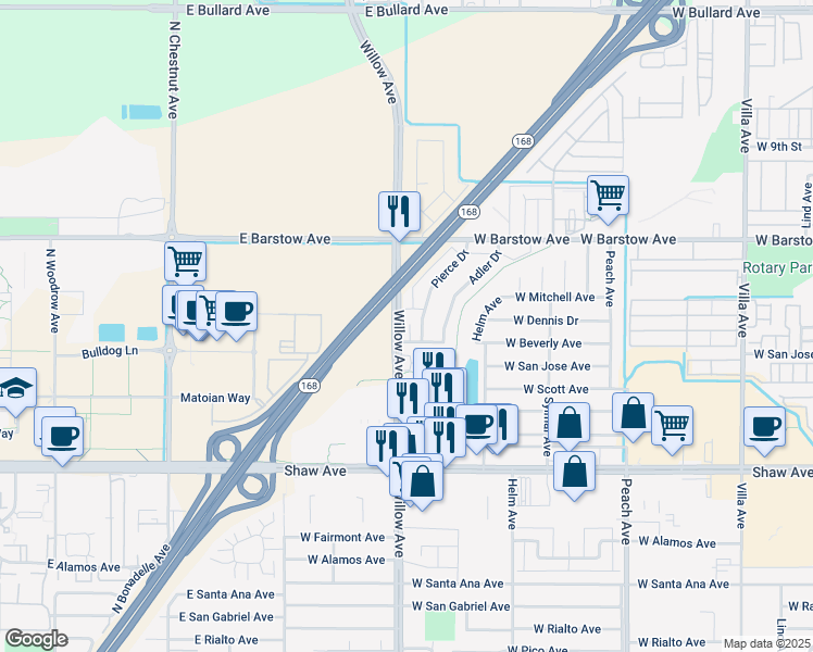 map of restaurants, bars, coffee shops, grocery stores, and more near 1509 Willow Avenue in Clovis