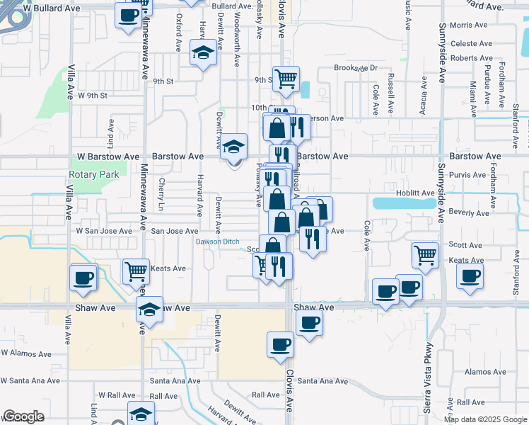 map of restaurants, bars, coffee shops, grocery stores, and more near 1507 Pollasky Avenue in Clovis