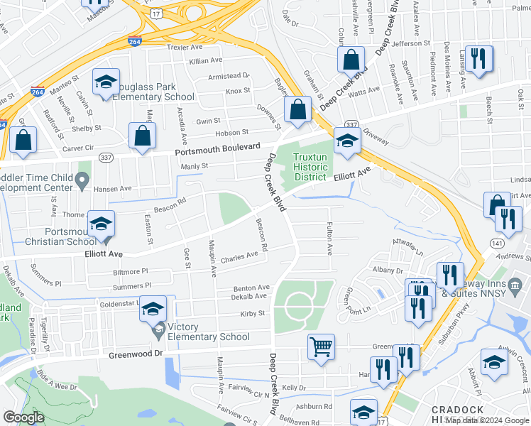 map of restaurants, bars, coffee shops, grocery stores, and more near 2621 Elliott Avenue in Portsmouth