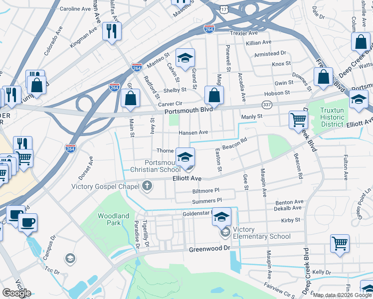 map of restaurants, bars, coffee shops, grocery stores, and more near 218 Wall Street in Portsmouth