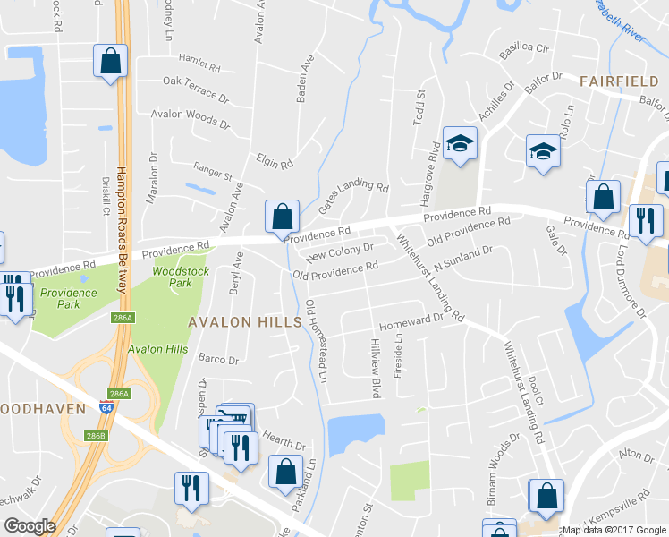 map of restaurants, bars, coffee shops, grocery stores, and more near 5540 Old Providence Road in Virginia Beach