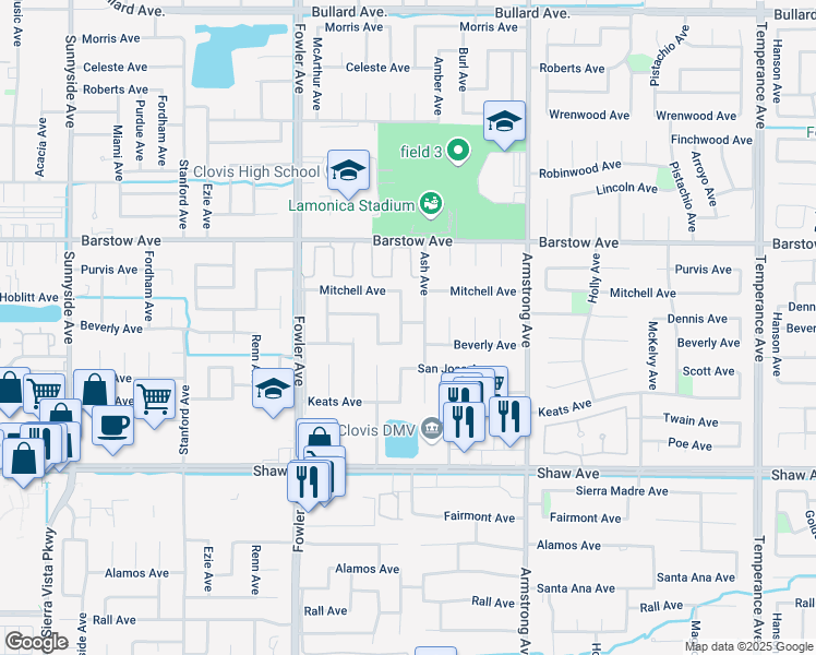 map of restaurants, bars, coffee shops, grocery stores, and more near 1531 Burgan Avenue in Clovis