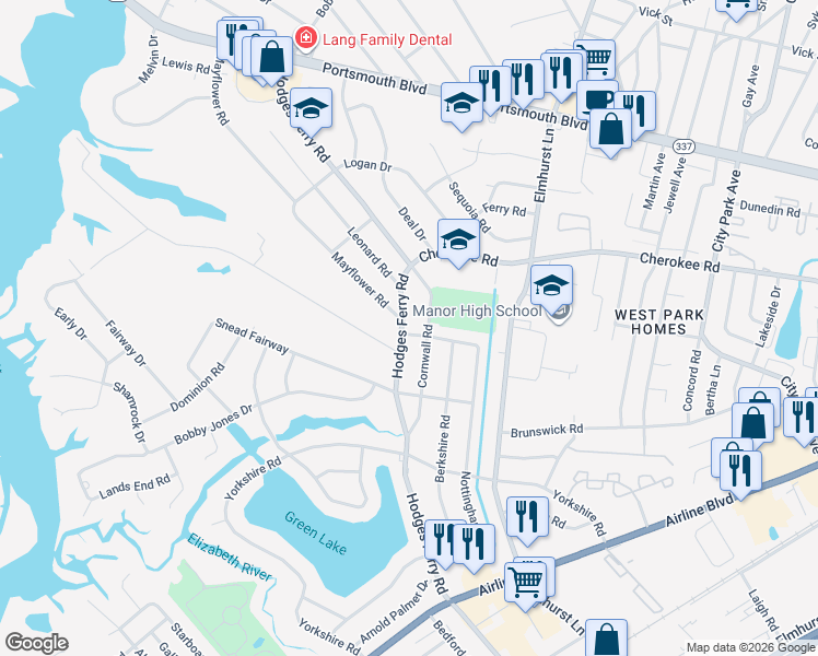 map of restaurants, bars, coffee shops, grocery stores, and more near 1415 Hodges Ferry Road in Portsmouth