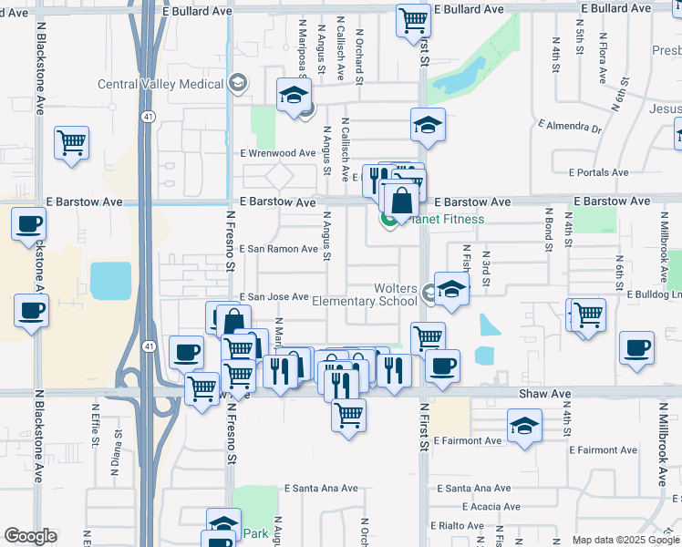 map of restaurants, bars, coffee shops, grocery stores, and more near 5246 North Angus Street in Fresno