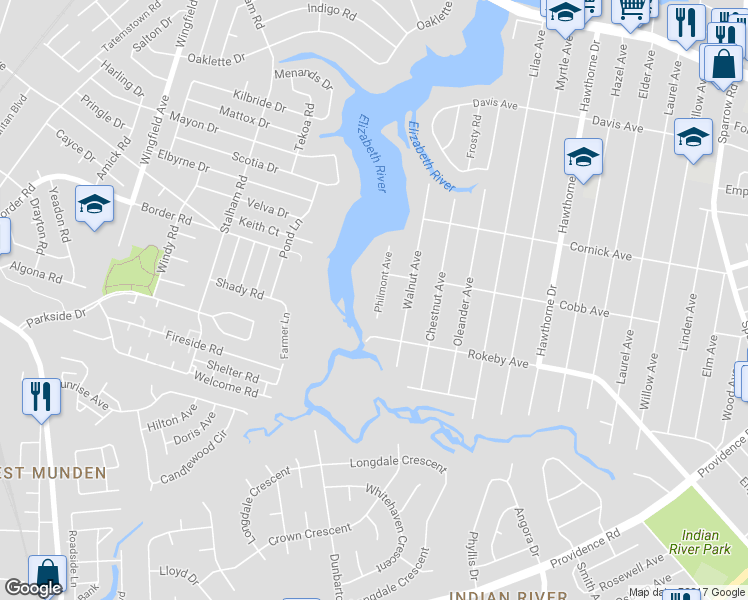 map of restaurants, bars, coffee shops, grocery stores, and more near 1513 Philmont Avenue in Chesapeake