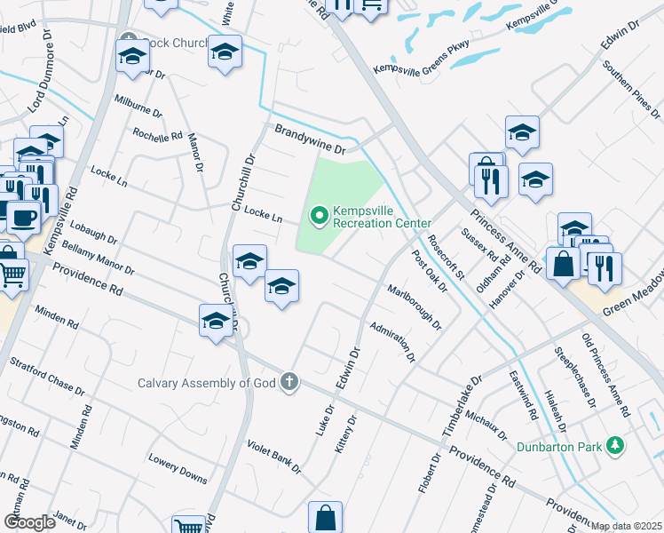 map of restaurants, bars, coffee shops, grocery stores, and more near 860 Churchill Drive in Virginia Beach
