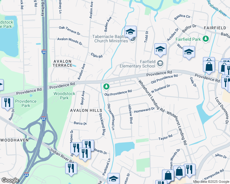 map of restaurants, bars, coffee shops, grocery stores, and more near 5544 Old Providence Road in Virginia Beach