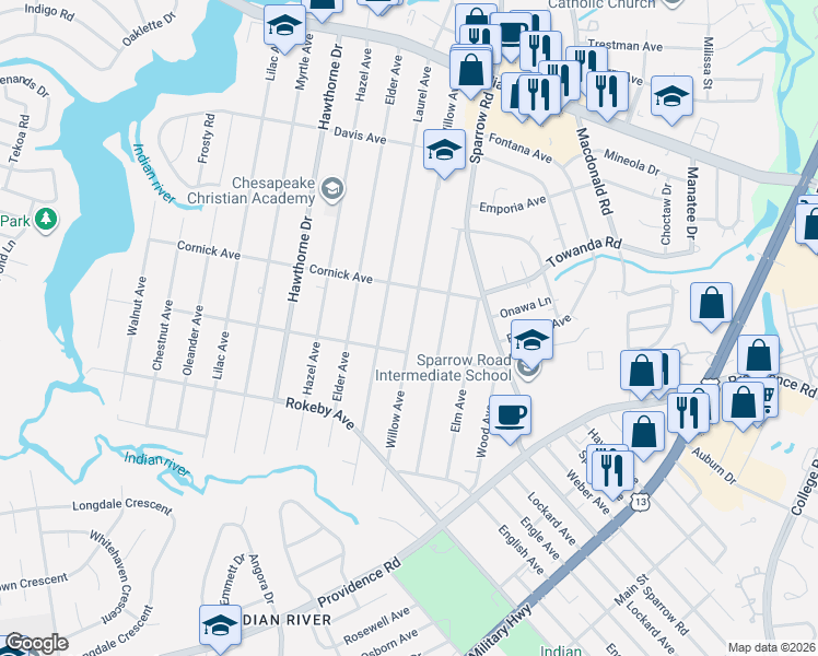 map of restaurants, bars, coffee shops, grocery stores, and more near 1415 Willow Avenue in Chesapeake