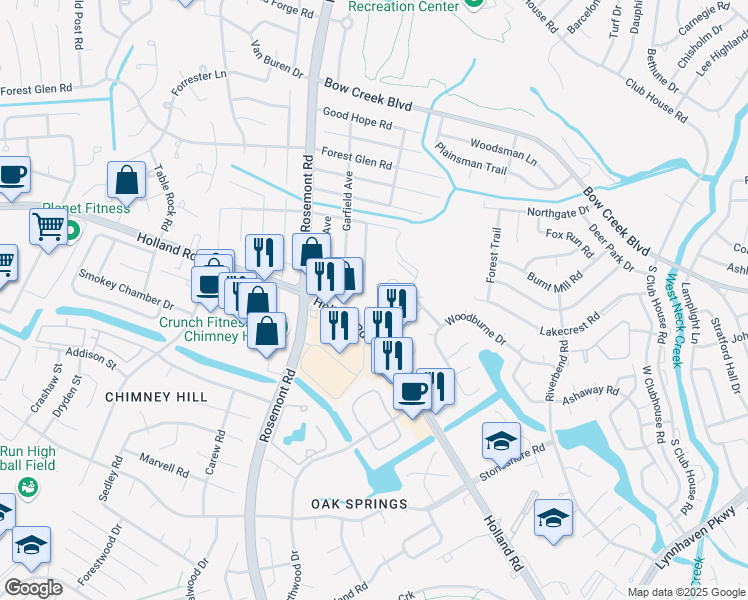 map of restaurants, bars, coffee shops, grocery stores, and more near 3450 Waltham Circle in Virginia Beach