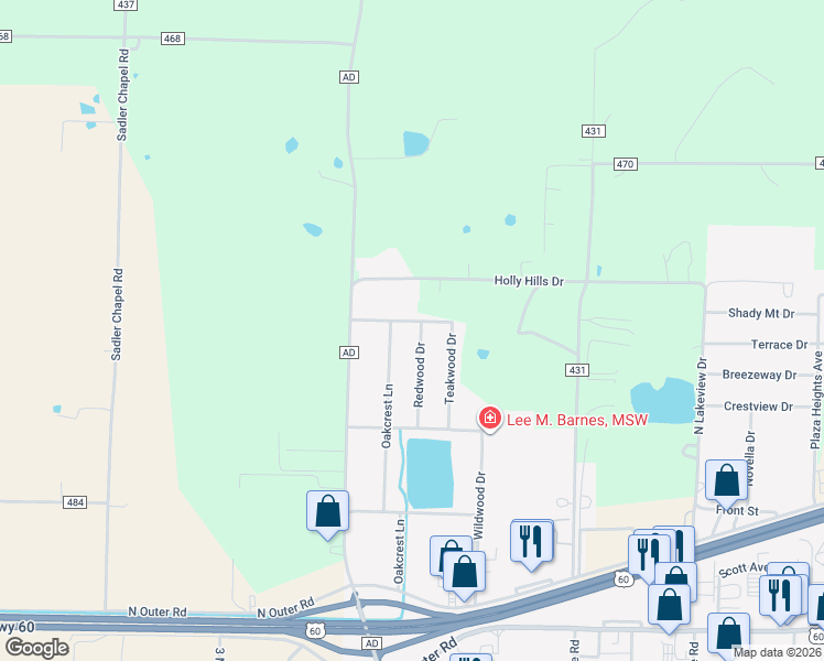 map of restaurants, bars, coffee shops, grocery stores, and more near 1216 Oakcrest Lane in Dexter