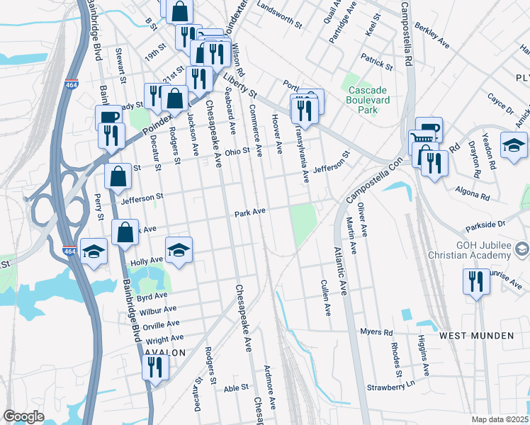 map of restaurants, bars, coffee shops, grocery stores, and more near 1402 Commerce Avenue in Chesapeake