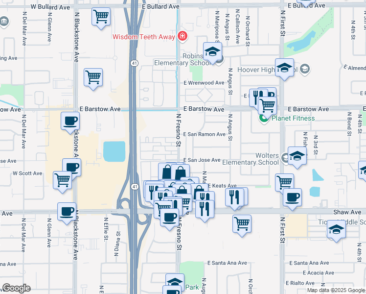 map of restaurants, bars, coffee shops, grocery stores, and more near 411 East San Ramon Avenue in Fresno