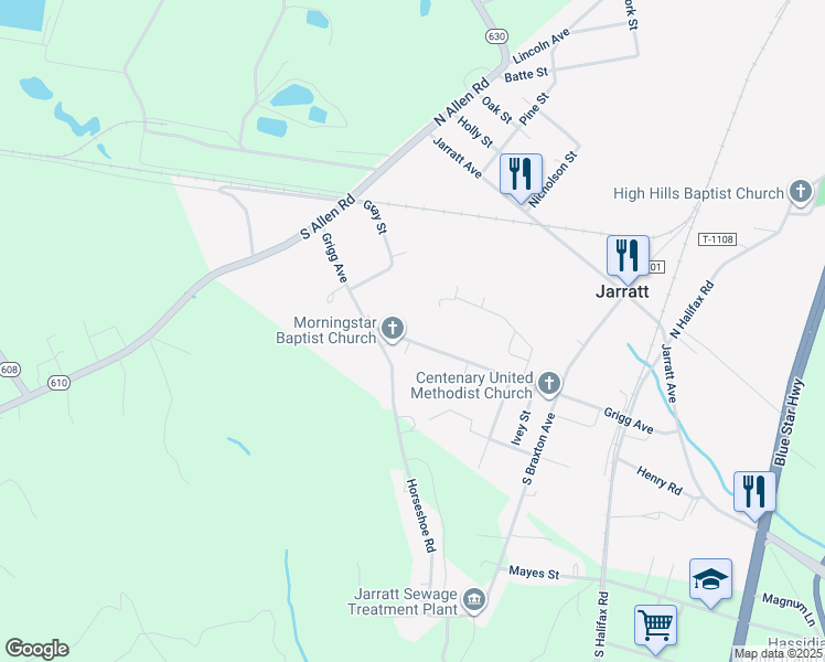 map of restaurants, bars, coffee shops, grocery stores, and more near 224 Grigg Avenue in Jarratt