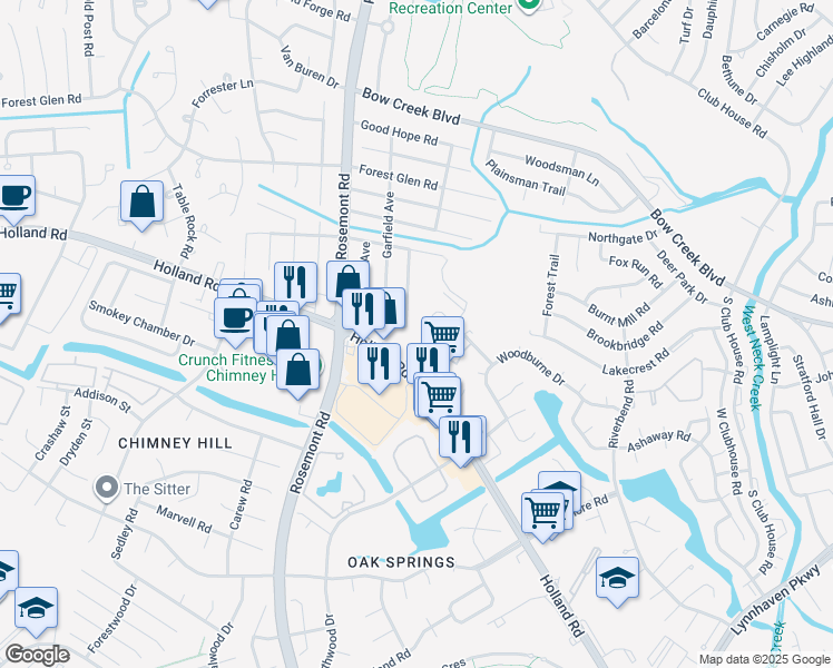 map of restaurants, bars, coffee shops, grocery stores, and more near 3450 Waltham Circle in Virginia Beach