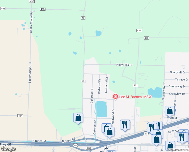 map of restaurants, bars, coffee shops, grocery stores, and more near 1216 Oakcrest Lane in Dexter
