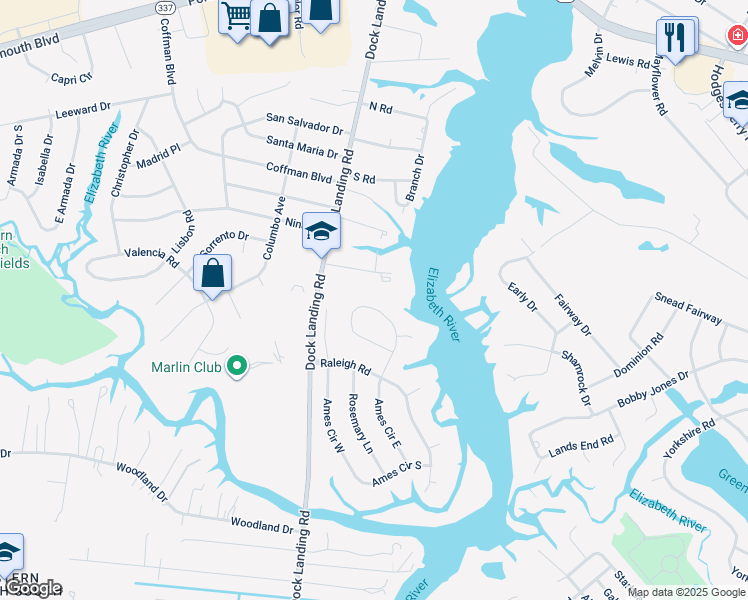 map of restaurants, bars, coffee shops, grocery stores, and more near 2033 Ames Circle North in Chesapeake